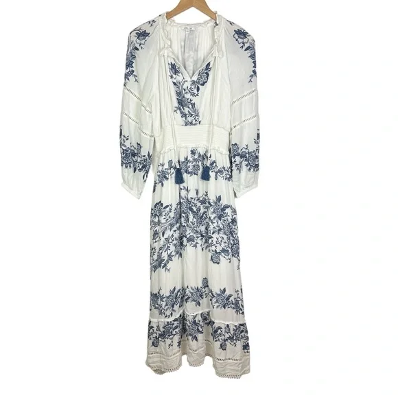 Chico’s Blue White Bohemian Balloon Sleeve Maxi Dress Pockets size 10 - Picture 3 of 10